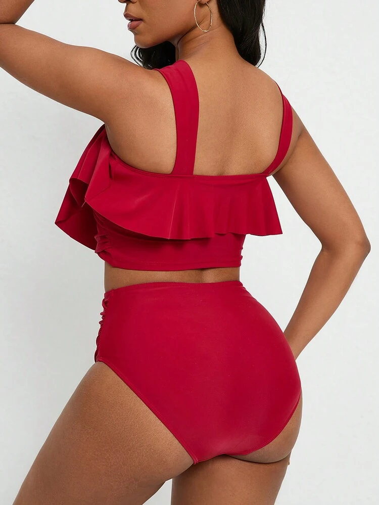 Hollow Out & Ruffle Trim Decor Bandeau Bikini Set Summer