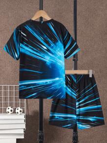 SHEIN Fantacosmos 2 Pieces Set: Soccer Print Short Sleeve T-Shirt And Shorts Outfit For Boys, Suitable For Casual & Sports Wear - Multicolor - View 2