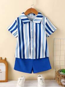 SHEIN 男童色塊條紋襯衫和實色短褲套裝 - 寶藍色 - 查看 4