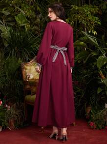 Al Najma 勃艮第红女士阿拉伯风格几何印花灯笼袖连衣裙，端庄