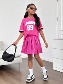 Modische Kurzarm Rundhals Oberseite Und A-linien-rock, Solide Farbe Für Sportlichen Look, Geeignet Für Tween Mädchen - Heißes Pink - Übersicht 4