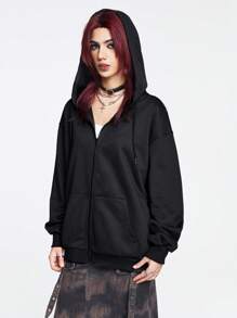 Grunge Punk Của phụ nữ Áo nỉ có mũ Với Trở lại Cánh Và Đầy sao Cây nho Mẫu In hoa - màu đen - Xem 3