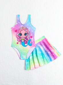 Young Girls' Cartoon Mermaid Pattern Sleeveless One-Piece Swimsuit With Cover-Up Skirt