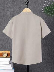 SHEIN Tween Boys' Loose Fit Cute Stand Collar Solid Weave Short Sleeve Shirt - Khaki - View 10