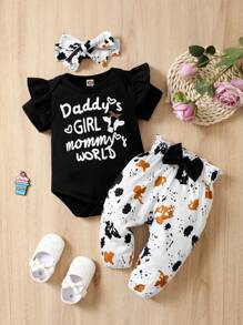 Baby Slogan Graphic Ruffle Trim Bodysuit & Graphic Print Bow Trousers - Black and White - View 7