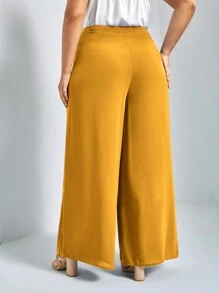 SHEIN Essnce Plus Size Solid Color Wide Leg Casual Pants - Yellow - View 2