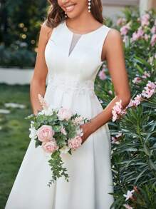 女士婚纱无袖缎面婚礼宾客礼服，搭配透明网眼撞色白色优雅新娘礼服，新娘