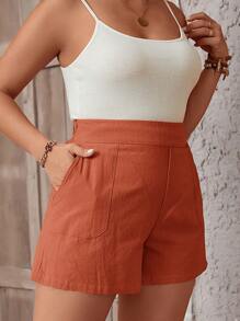 SHEIN VCAY Plus Size Solid Color Casual Shorts - Brown - View 5