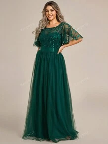 EVERPRETTY Plus Leaf Sequin Bodice Mesh Prom Elegant Bridesmaid Dress