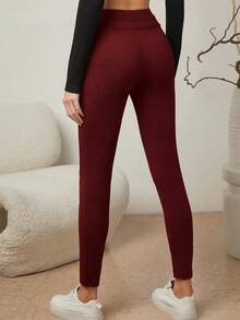 SHEIN Essnce 女式緊身束腰長褲 - 酒紅色 - 查看 2