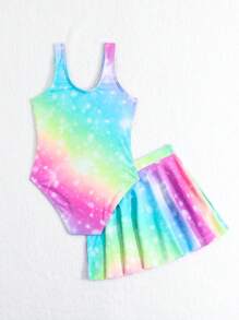 Young Girls' Cartoon Mermaid Pattern Sleeveless One-Piece Swimsuit With Cover-Up Skirt