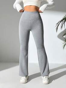 SHEIN PETITE Back Cross Flared Slim Fit Pants - Grey - View 4