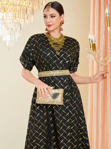 Divindia 金色格紋花紋長/短袖中長裙