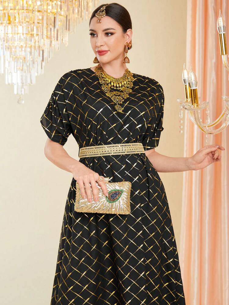 Vestido Midi De Manga Larga Y Corta Con Patrón Dorado A Cuadros