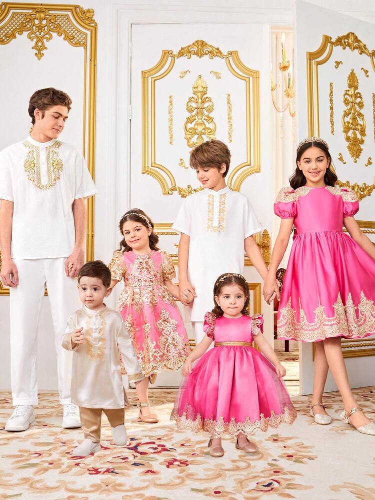 Tween Girl Sibling Outfits: Fancy Gold Lace & Mesh Joint Round Neck Short Sleeve Dress