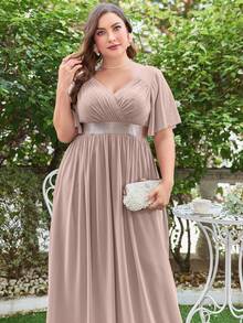 UNITHORSE Plus Size Women's Bridesmaid Chiffon Dress With Ruched Chest And Flare Sleeve - Baby Pink - View 5