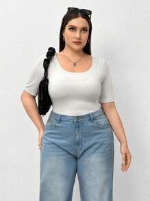 SHEIN Essnce Plus Size Women's Summer Curve 2pcs Solid Color Short Sleeve Round Neck Bodysuit - Multicolor - View 6