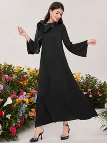 Al Najma Vestido De Estilo Árabe Con Mangas De Volantes Y Cuello Decorado Con Lazo - Negro - Ver 5