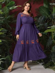 Mulvari Plus Size Women's Floral Embroidery Lantern Sleeve Dress - Purple - View 4