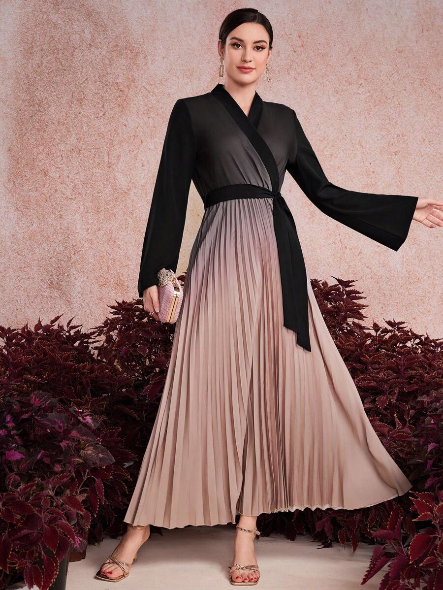 Modelyn Women's Arabic Style Dress With Bell Sleeves And Pleated Hemline Long Evening Dresses - Multicolor - View 1