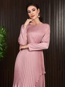 Modelyn Round Neck Long Sleeve Double Layer Pleated Hem Dress Long Evening Dresses - Pink - View 1