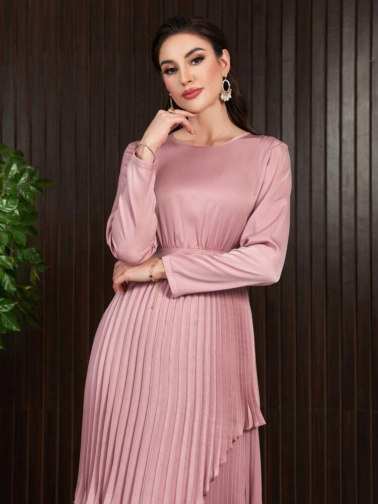 Round Neck Long Sleeve Double Layer Pleated Hem Dress Long Evening Dresses