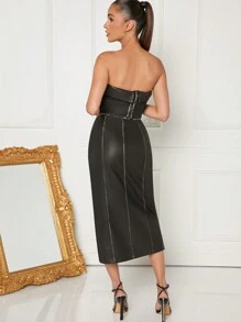 Hauture Zipped Leather Tube Top And Skirt Two Pieces Set - Black - View 2