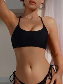 SHEIN Swim Parte Superior De Bikini Halter Sólido De Cuello Redondo - Negro - Ver 3