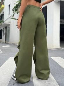 SHEIN EZwear Pantalón Verde De Pierna Ancha Tejido Con Bolsillos Inclinados Y Un Estilo Relajado - Verde - Ver 4