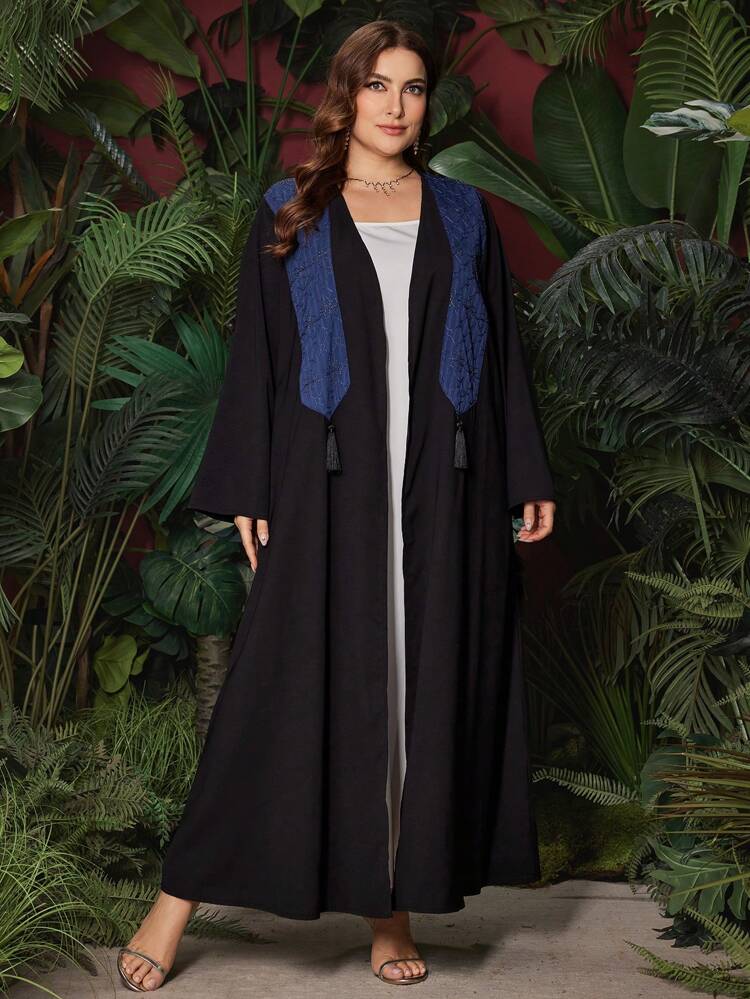 Plus Size Color Block Panel And Tassel Decorated Long Sleeve Abaya