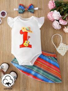 SHEIN Baby Girl 3pcs/Set Casual & Cute Number Printed Bodysuit, Striped Skirt And Hairband For Spring/Summer Outfits