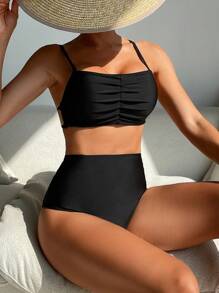 SHEIN Swim Damen Rüschen Neckholder Badeanzug Set für den Sommer - Schwarz - Übersicht 5