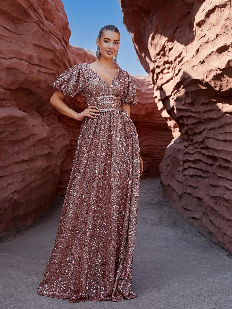 LOVE&LEMONADE Pailletten Ballonärmel Formelles Kleid - Braun - Übersicht 1