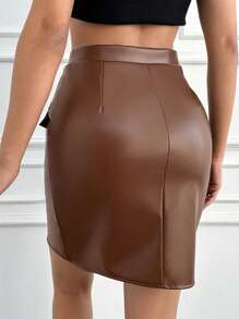 RueChic Button Front Flap Detail PU Leather Skirt