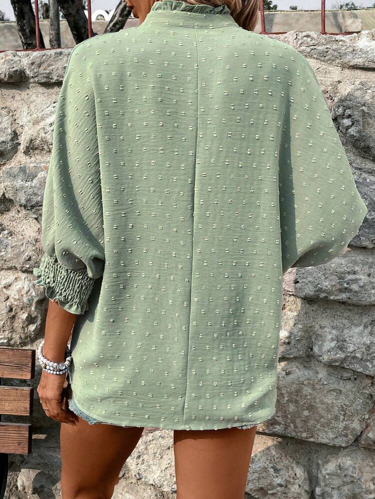 Swiss Dot Notched Collar Short Sleeve Shirt