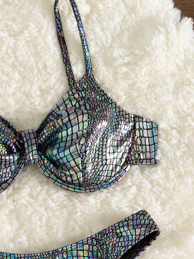 Women's Crocodile Patterned Bikini Set With Steel Rims Summer Beach