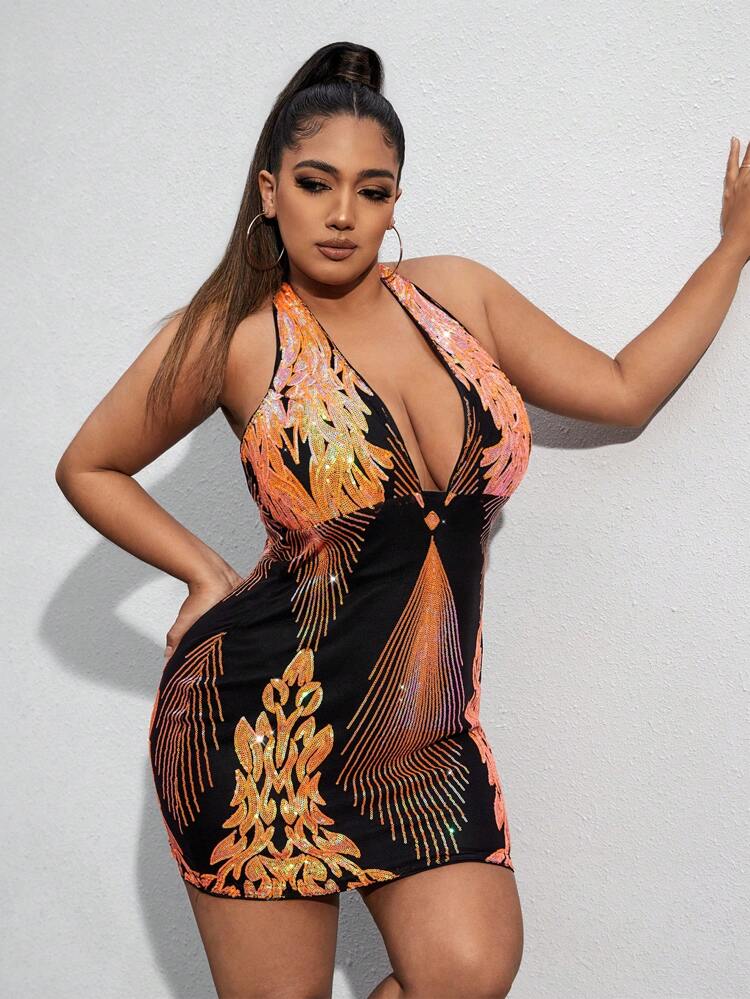 Plus Size Beaded Deep V-Neck Backless Halter Dress