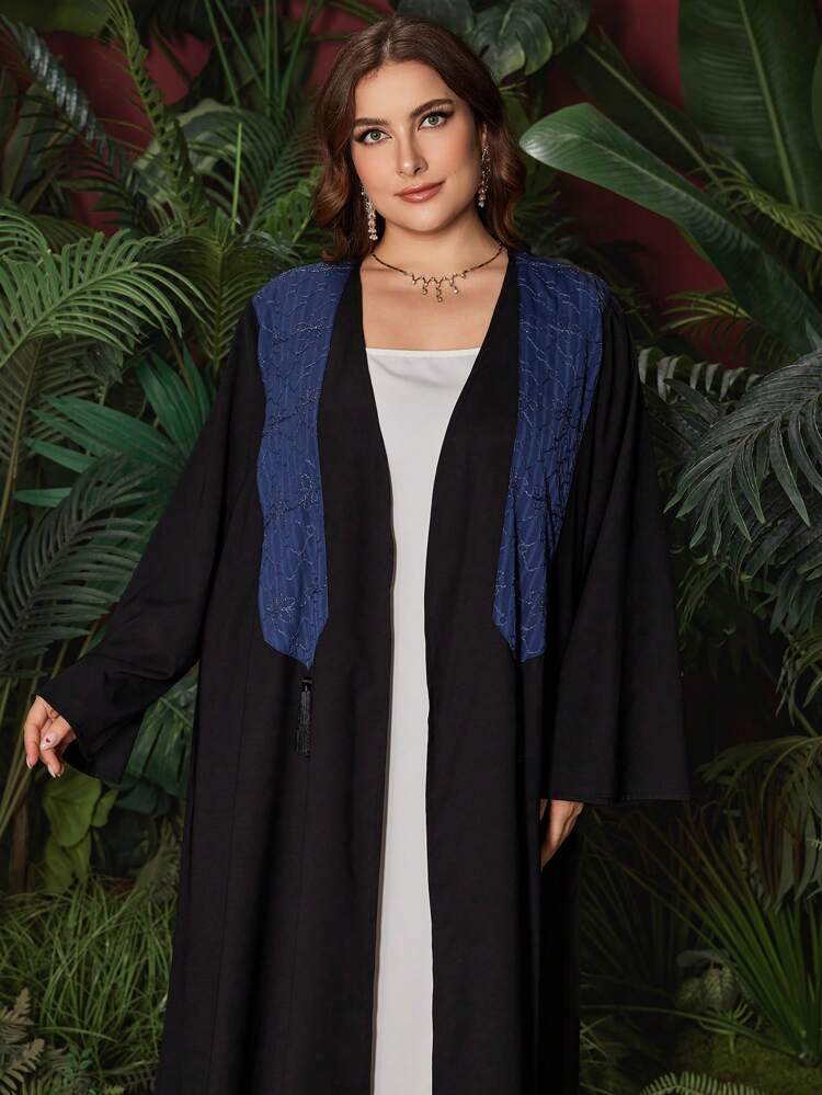 Plus Size Color Block Panel And Tassel Decorated Long Sleeve Abaya