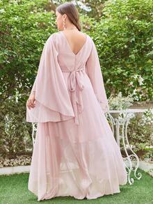 Plus Size Embroidered One Shoulder Flare Sleeve Chiffon Dress For Formal Occasions - Pink - View 2