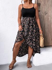 SHEIN LUNE Plus Size Floral Patchwork Wrap V-Neck Spaghetti Strap Dress Maxi Women Outfit