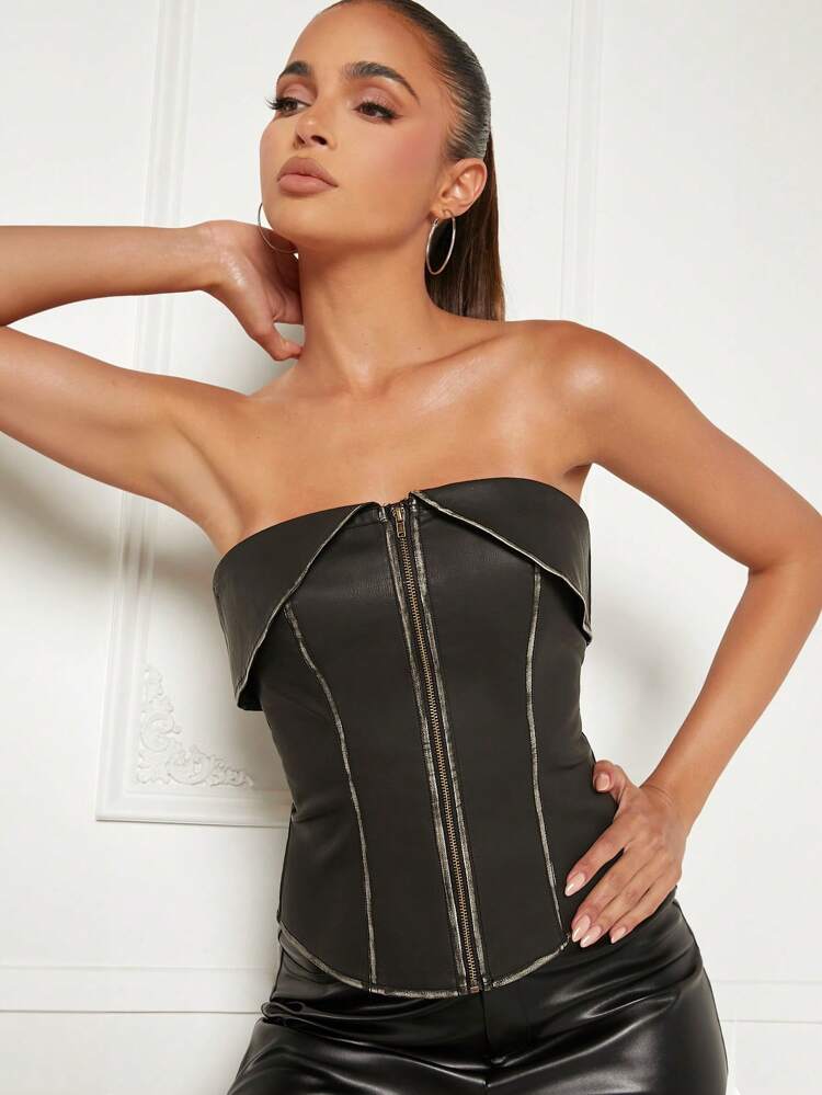Women Leather Zipped Tube Tank Top