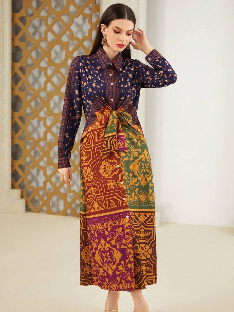 Women's Color Block Patchwork Printed Wrap Tie Waist Dress Fall Cloth For Women