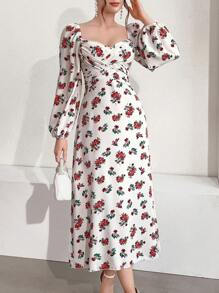Modelyn 女士甜心領蓬蓬袖花卉印花洋裝 - 粉色 - 查看 5