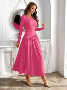 SHEIN Privé Ladies' Solid Color Round Neck Long Sleeve Dress - Hot Pink - View 4