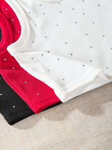 SHEIN Elladie kids Tween Girl Street Fashion Black-White-Red Rhinestone Embellished Tank Top Summer Holiday - Multicolor - View 8
