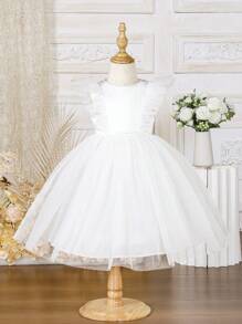 SHEIN Glamorique Kids 年輕女孩華麗的蓬蓬袖白色蕾絲公主禮服，適用於婚禮花童、晚會禮服、生日派對 - 白色 - 查看 5