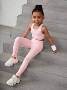 SHEIN Young Girls' Crop Top And Leggings Athletic Set