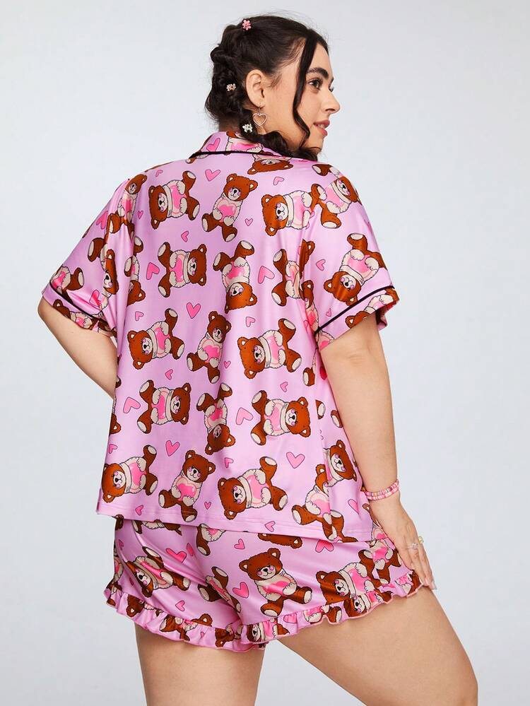 Plus Size Women's Bear Print Short Sleeve Shirt And Shorts Set