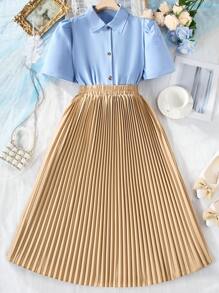 Teen Girls' Casual Shirt And Pleated Skirt 2 Pieces Set - Multicolor - View 1