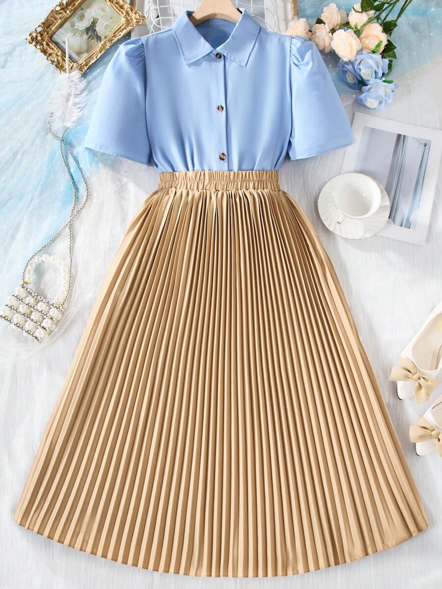 Teen Girls' Casual Shirt And Pleated Skirt 2 Pieces Set - Multicolor - View 1
